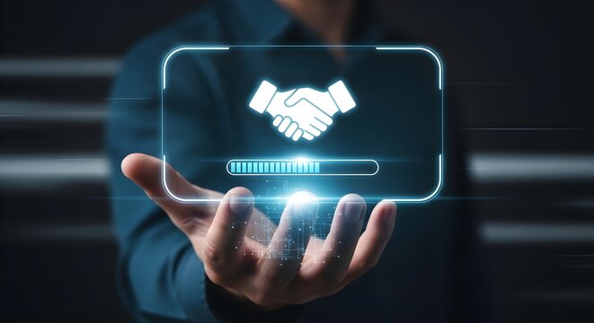 Person holding a glowing holographic screen displaying a handshake icon and a loading bar, symbolizing agreement and partnership