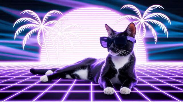 Cool cat in sunglasses with neon palm trees, retro futuristic vaporwave style - Powered by Adobe