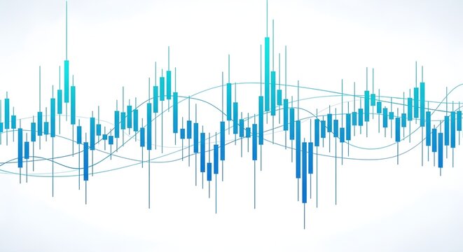 Abstract blue and teal candlestick chart displaying financial market data and stock trading trends with a wavy line overlay, representing economic analysis and investment - Powered by Adobe