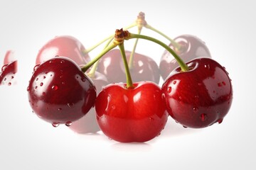 Fresh ripe cherries with water droplets on white background