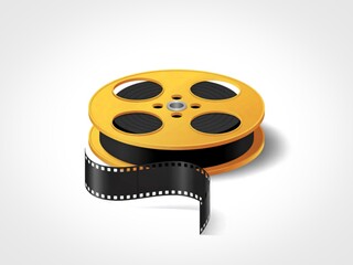 Vintage yellow film reel with unspooling black film strip
