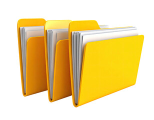Three yellow file folders with papers visible inside