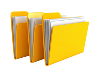 Three yellow file folders with papers visible inside