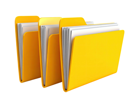 Three yellow file folders with papers visible inside