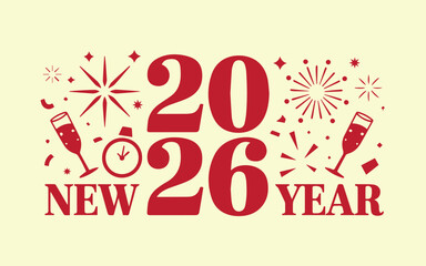 Vibrant 2026 New Year celebration design with clock striking midnight and champagne glasses cheering, perfect for festive greetings and party invites