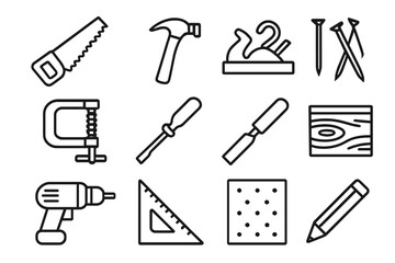 Carpentry Tools Icons. Carpentry Tools Icons linear icon set: saw, hammer, plane, nails, clamp, screwdriver, chisel, wood board, drill, ruler, sandpaper, pencil.