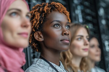 Diverse women team looking up future technology