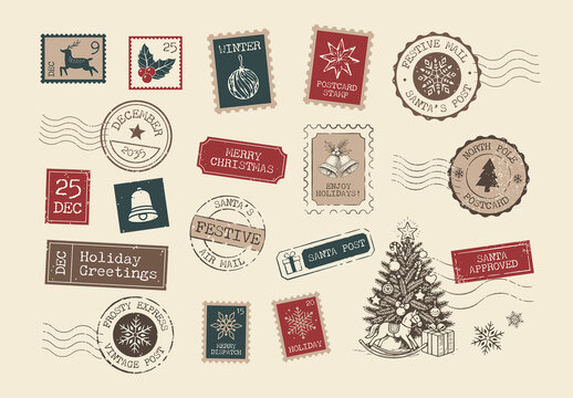 Christmas Vintage Postage Stamp Vector Illustrations, Festive Travel Stickers, Graphics & Elements