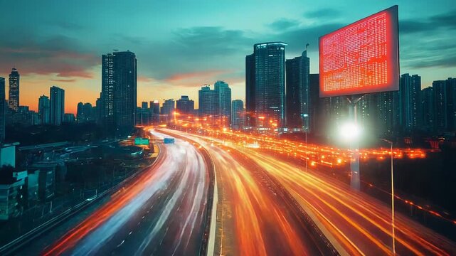 Urban highway with digital light trails at dusk - Powered by Adobe