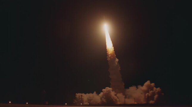 Vertical launch of a shuttle. Fumes. Billow of smoke. Launch complex of space program