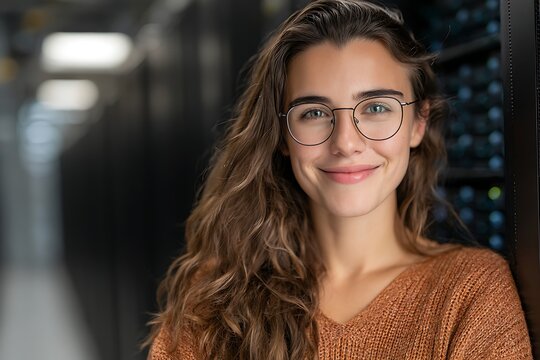 Woman smiling in server room representing technology