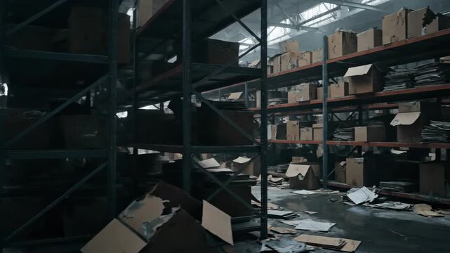 Warehouse interior rows of cardboard boxes on metal shelves dim lighting