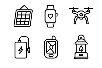 Tech Gear Icons. Tech Camping linear icon set: solar charger, smartwatch, drone, power bank, GPS device, lantern.