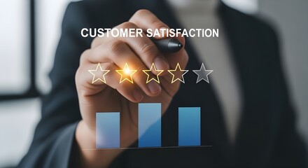 Customer satisfaction is measured by a hand rating four out of five stars with a bar graph showing positive growth