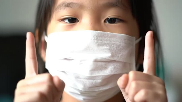 Closeup of a cute young Asian child wearing a white protective face mask looking directly at the camera and pointing upwards with both index fingers symbolizing protection and awareness during a heal.