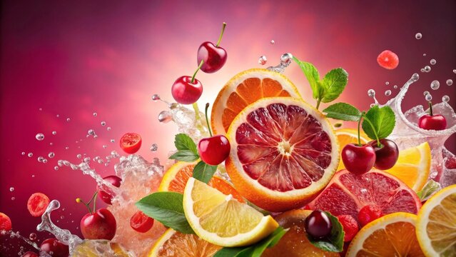 A vibrant splash of juicy citrus fruits and sweet cherries, creating a refreshing and delicious visual experience