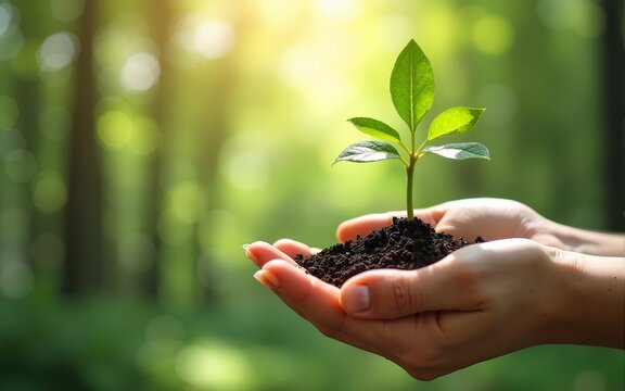 Growing trees in human hands and blurry green forest background environmental protection concept Maintain an ecologically clean world Earth Day Cards. High quality