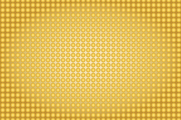 Geometric pattern of golden circular dots arranged in a grid creating embossed appearance with soft highlights and shadows, on a gold gradient background.