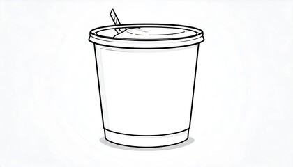 Black and white illustration of a beverage container with a lid and straw. The cup sits on a white surface, simple lines