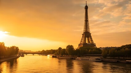 Naklejka premium Eiffel Tower At Sunrise With Golden Sky Reflection On Seine River, Showcasing Iconic Paris Landmark, Romantic Atmosphere, Breathtaking Cityscape, And The Timeless Beauty Of France