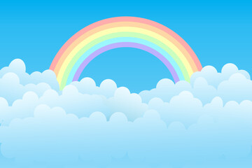 Illustration of a colorful rainbow in pastel tones arching across a blue sky above soft, fluffy clouds, with smooth gradients of blue and white.