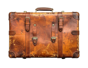 Worn leather suitcase with straps and brass hardware