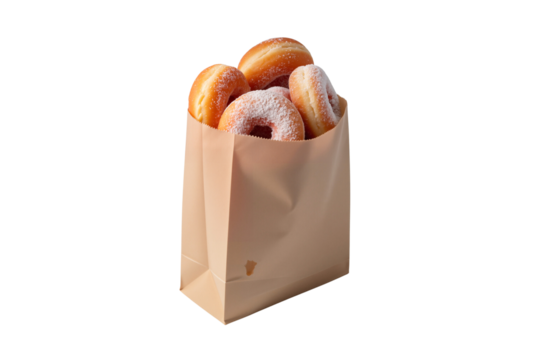 Freshly baked donuts with powdered sugar in a brown paper bag, isolated on transparent background, png