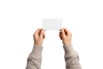 Female hands holding a blank white horizontal card, perfect for adding custom text, logos, or messages