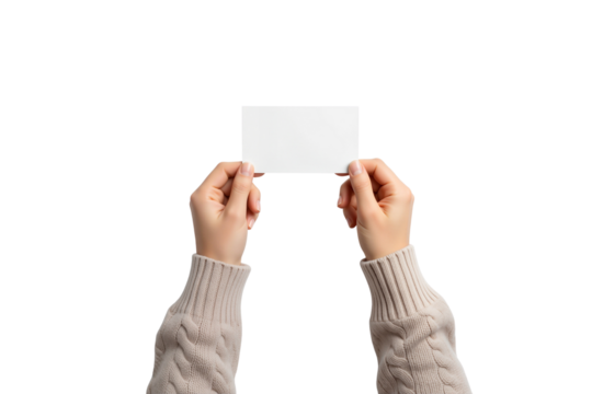 Female hands holding a blank white horizontal card, perfect for adding custom text, logos, or messages