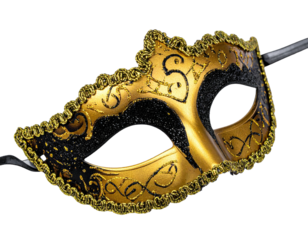 Ornate gold/black mask with glitter trim on black