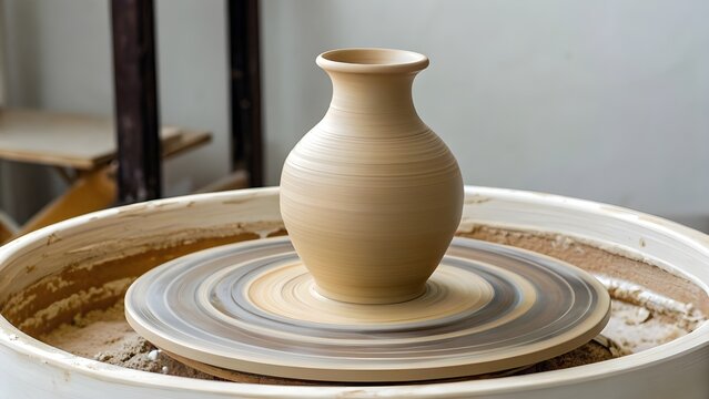 Pottery Wheel Spinning With Half-Shaped Clay Vase, Showcasing Creative Craftsmanship, Artistic Process, Handmade Art, And The Meditative Practice Of Traditional Pottery Making - Powered by Adobe