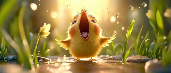 Joyful baby bird singing in a sunlit meadow nature photography vibrant environment close-up perspective