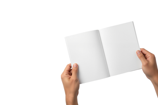 Hands holding an open blank white booklet or magazine, perfect for showcasing designs, text, advertisements, or product mockups - Powered by Adobe