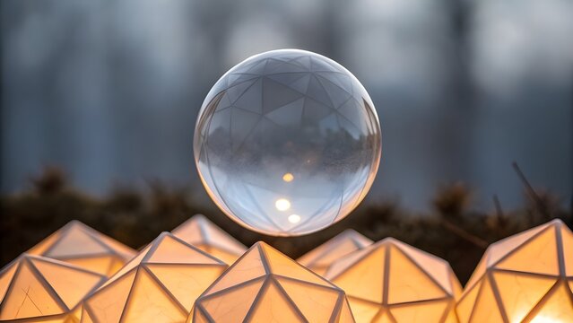 Transparent Glass Globe Floating Above Glowing Geometric Shapes, Representing Global Connectivity, Modern Digital Innovation, Futuristic Design, And Abstract Technology Concept