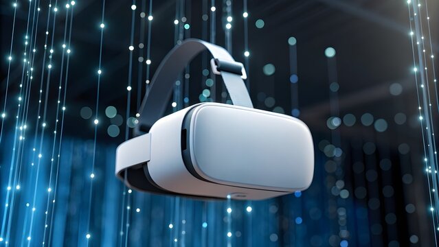 Futuristic VR Headset Floating In Mid-Air Surrounded By Illuminated Data Streams, Symbolizing Immersive Virtual Reality, Digital Innovation, And Next-Generation Technology Aesthetics