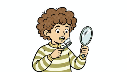 Boy Brushing Teeth Clean Mouth, Mirror Reflection & Healthy Hygiene