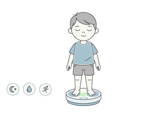 Boy standing on a scale, measuring health with sleep and exercise icons in a simplified illustration