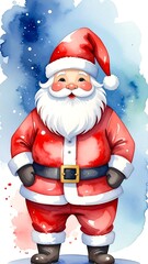 A jolly, watercolor-style portrayal of a festive, round-bellied figure. He's wearing a red suit with a black belt, white beard