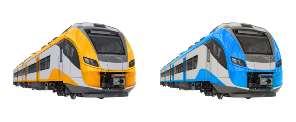 Two Modern High-Speed Regional Train in Yellow and Blue isolated on transparent background