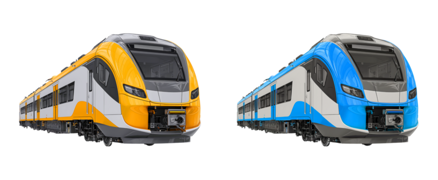 Two Modern High-Speed Regional Train in Yellow and Blue isolated on transparent background