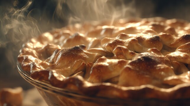 Close-up of warm apple pie with steam rising, inviting tone