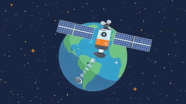 Vector illustration of an artificial satellite with solar panels in orbit around planet Earth, symbolizing global communication and space technology