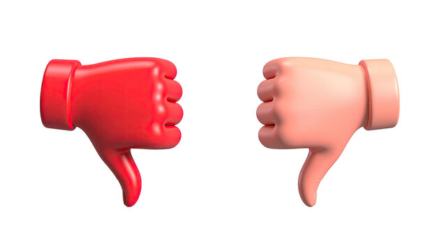 Two thumbs down, one red, one peach, on a black background