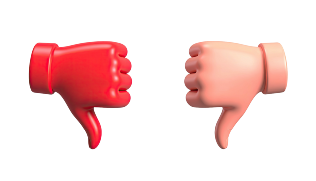 Two thumbs down, one red, one peach, on a black background