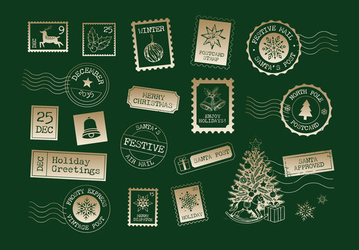 Christmas Vintage Travel Stamps in Gold Gradient Hues