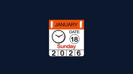 18 January 2026 Calendar Animation with clock icon. Perfect for countdown videos, on a black background. and stunning 4k animation .