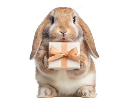 Cute Dwarf Lop Bunny Holding a Present Box isolated on transparent background