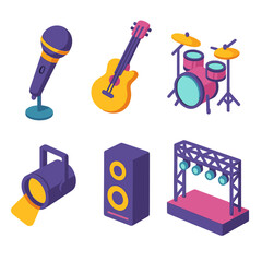 Musical Icon Set. Stage Energy modern flat icons set: microphone, guitar, drum set, spotlight, speaker, stage.