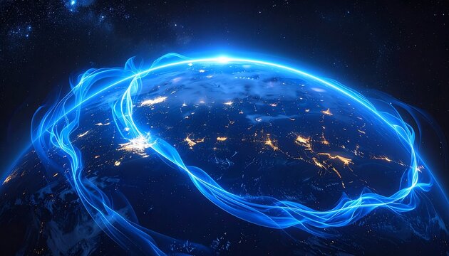 Futuristic Earth with Glowing Energy Trails and City Lights in Space