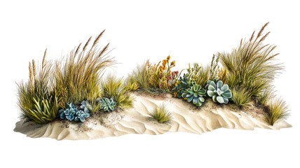 Peaceful existence of sand dunes with smooth golden curves under soft sunlight in tranquil desert landscape, isolated on white background